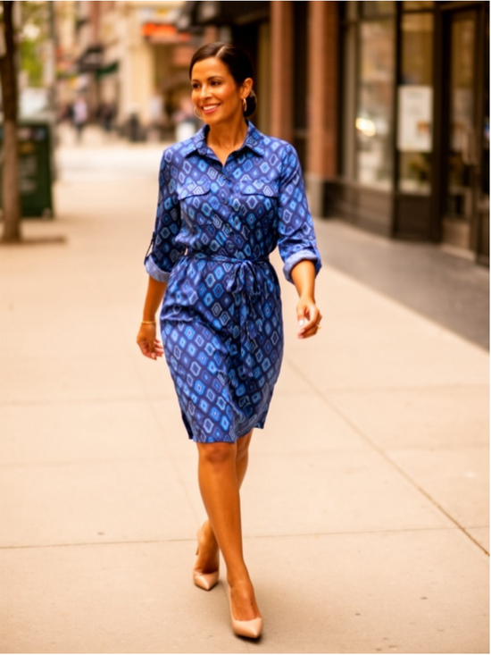 Ann Taylor Dresses & Skirts - Ann Taylor Geo Print Shirt Dress Medium Navy Blue Midi Belted Button Front